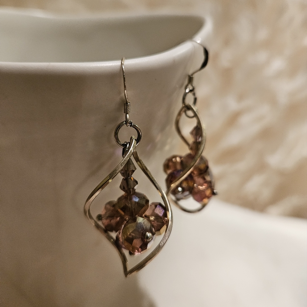 Silver Tone Purple Beaded Dangle Earrings